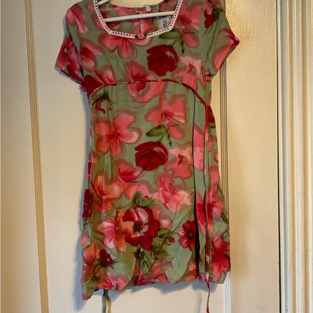 Floral Kids Casual Dress - Pink and Green